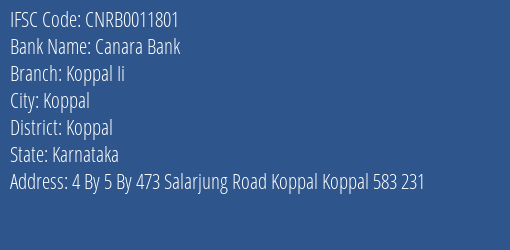 Canara Bank Koppal Ii Branch Koppal IFSC Code CNRB0011801