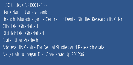 Canara Bank Muradnagar Its Centre For Dental Studies Research Its Cdsr Iii Branch, Branch Code 012435 & IFSC Code CNRB0012435
