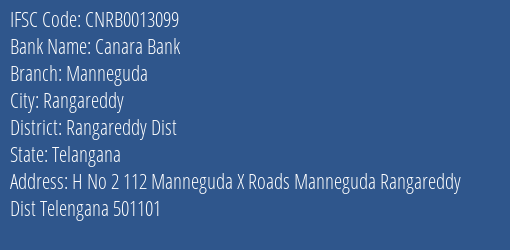 Canara Bank Manneguda Branch Rangareddy Dist IFSC Code CNRB0013099