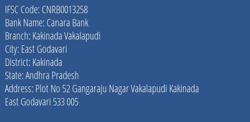 Canara Bank Kakinada Vakalapudi Branch Kakinada IFSC Code CNRB0013258