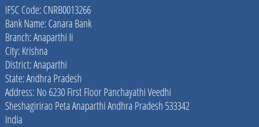 Canara Bank Anaparthi Ii Branch Anaparthi IFSC Code CNRB0013266