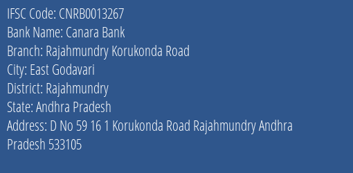 Canara Bank Rajahmundry Korukonda Road Branch Rajahmundry IFSC Code CNRB0013267