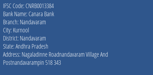 Canara Bank Nandavaram Branch, Branch Code 013384 & IFSC Code CNRB0013384