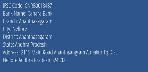 Canara Bank Ananthasagaram Branch, Branch Code 013487 & IFSC Code CNRB0013487