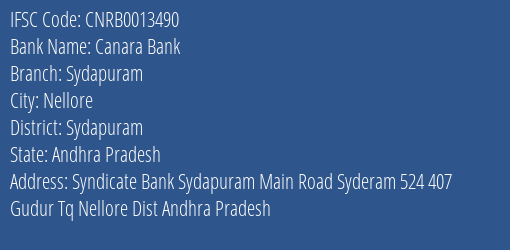 Canara Bank Sydapuram Branch Sydapuram IFSC Code CNRB0013490