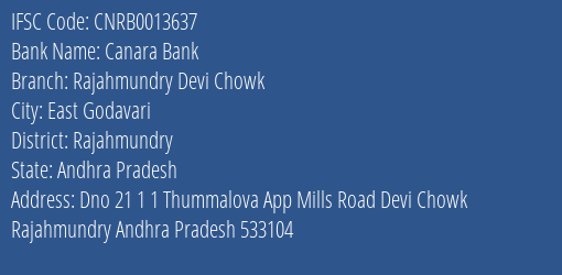 Canara Bank Rajahmundry Devi Chowk Branch Rajahmundry IFSC Code CNRB0013637