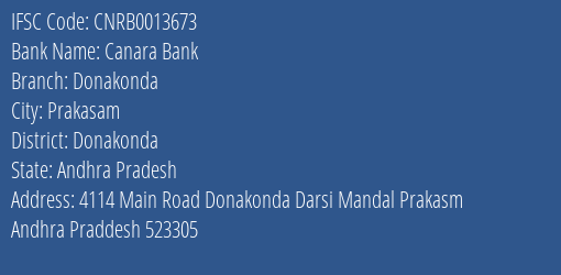 Canara Bank Donakonda Branch Donakonda IFSC Code CNRB0013673