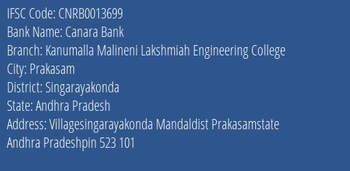 Canara Bank Kanumalla Malineni Lakshmiah Engineering College Branch Singarayakonda IFSC Code CNRB0013699