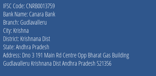 Canara Bank Gudlavalleru Branch, Branch Code 013759 & IFSC Code CNRB0013759