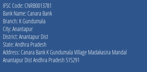 Canara Bank K Gundumala Branch IFSC Code