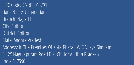 Canara Bank Nagari Ii Branch Chittor IFSC Code CNRB0013791