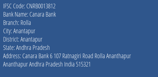 Canara Bank Rolla Branch, Branch Code 013812 & IFSC Code CNRB0013812