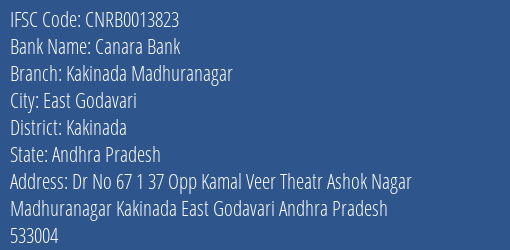 Canara Bank Kakinada Madhuranagar Branch Kakinada IFSC Code CNRB0013823
