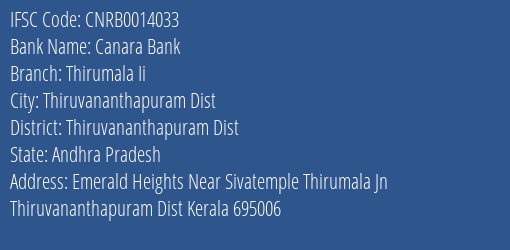 Canara Bank Thirumala Ii Branch, Branch Code 014033 & IFSC Code CNRB0014033
