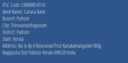 Canara Bank Pattoor Branch Pattoor IFSC Code CNRB0014114