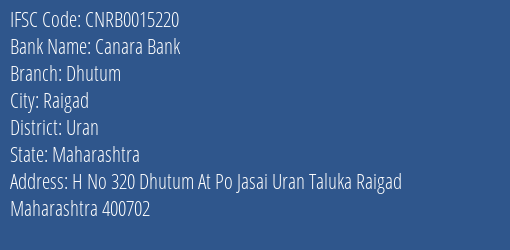 Canara Bank Dhutum Branch, Branch Code 015220 & IFSC Code CNRB0015220