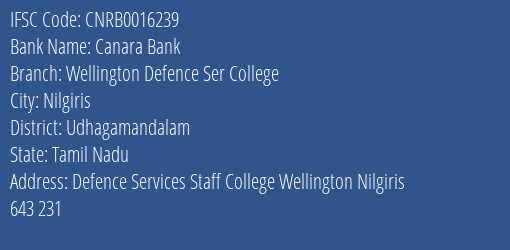 Canara Bank Wellington Defence Ser College Branch Udhagamandalam IFSC Code CNRB0016239