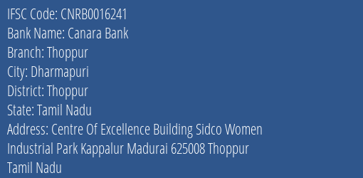 Canara Bank Thoppur Branch Thoppur IFSC Code CNRB0016241