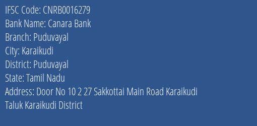 Canara Bank Puduvayal Branch, Branch Code 016279 & IFSC Code CNRB0016279