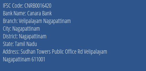 Canara Bank Velipalayam Nagapattinam Branch Nagapattinam IFSC Code CNRB0016420
