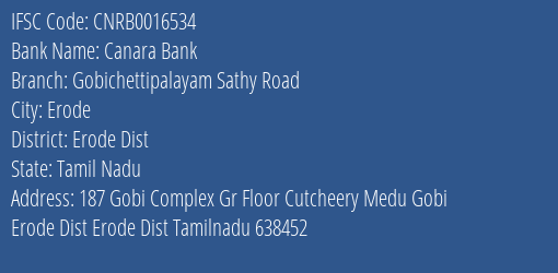 Canara Bank Gobichettipalayam Sathy Road Branch Erode Dist IFSC Code CNRB0016534