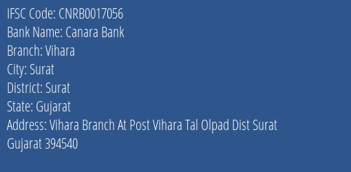 Canara Bank Vihara Branch Surat IFSC Code CNRB0017056