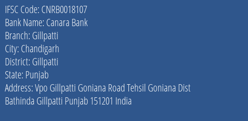 Canara Bank Gillpatti Branch Gillpatti IFSC Code CNRB0018107