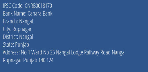 Canara Bank Nangal Branch, Branch Code 018170 & IFSC Code CNRB0018170