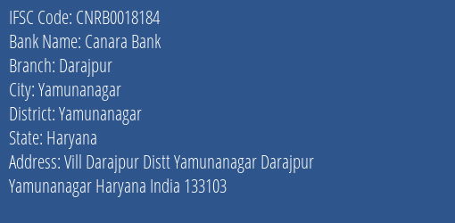Canara Bank Darajpur Branch, Branch Code 018184 & IFSC Code CNRB0018184