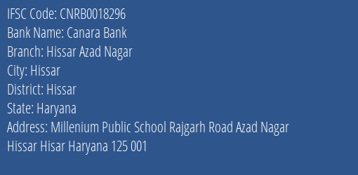 Canara Bank Hissar Azad Nagar Branch Hissar IFSC Code CNRB0018296