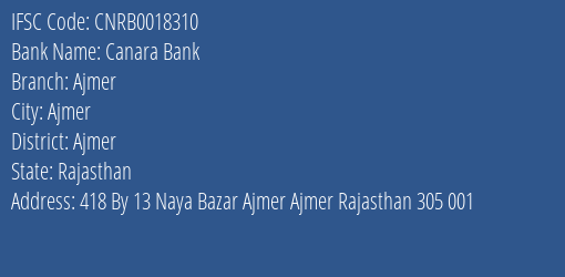 Canara Bank Ajmer Branch IFSC Code