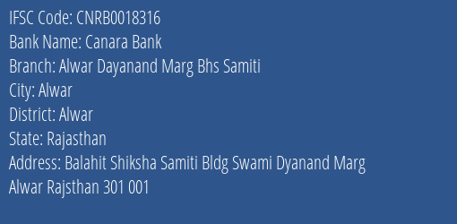 Canara Bank Alwar Dayanand Marg Bhs Samiti Branch Alwar IFSC Code CNRB0018316
