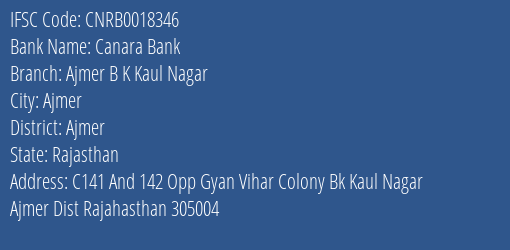 Canara Bank Ajmer B K Kaul Nagar Branch IFSC Code