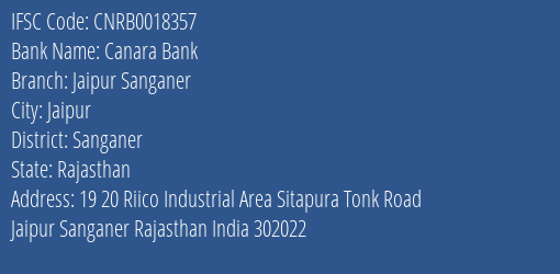 Canara Bank Jaipur Sanganer Branch Sanganer IFSC Code CNRB0018357