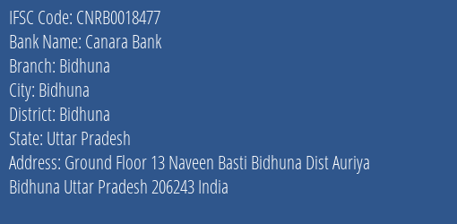 Canara Bank Bidhuna Branch Bidhuna IFSC Code CNRB0018477