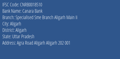 Canara Bank Specialised Sme Branch Aligarh Main Ii Branch Aligarh IFSC Code CNRB0018510