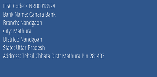 Canara Bank Nandgaon Branch, Branch Code 018528 & IFSC Code CNRB0018528