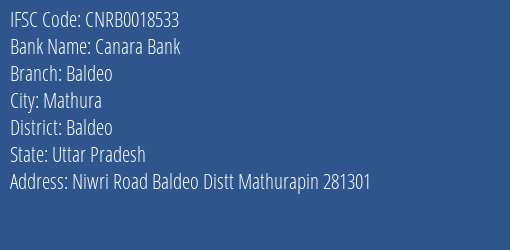 Canara Bank Baldeo Branch Baldeo IFSC Code CNRB0018533
