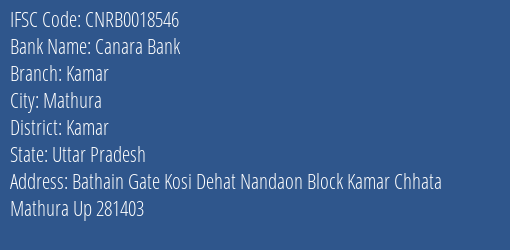 Canara Bank Kamar Branch Kamar IFSC Code CNRB0018546