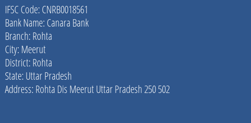 Canara Bank Rohta Branch Rohta IFSC Code CNRB0018561