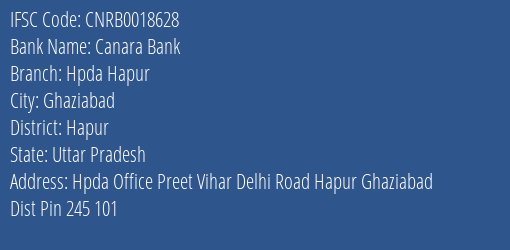 Canara Bank Hpda Hapur Branch, Branch Code 018628 & IFSC Code CNRB0018628