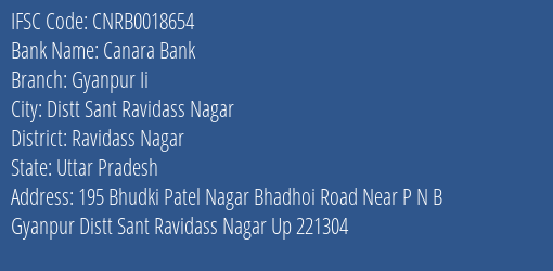 Canara Bank Gyanpur Ii Branch Ravidass Nagar IFSC Code CNRB0018654