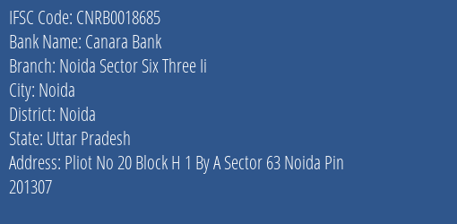 Canara Bank Noida Sector Six Three Ii Branch, Branch Code 018685 & IFSC Code CNRB0018685