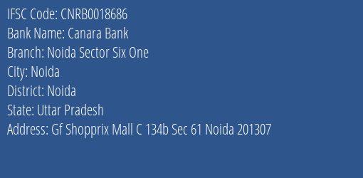 Canara Bank Noida Sector Six One Branch, Branch Code 018686 & IFSC Code CNRB0018686