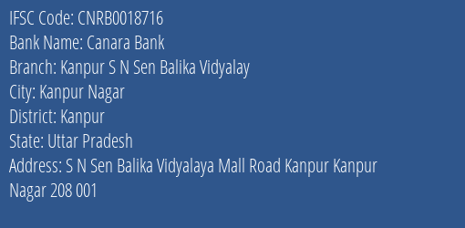 Canara Bank Kanpur S N Sen Balika Vidyalay Branch, Branch Code 018716 & IFSC Code CNRB0018716
