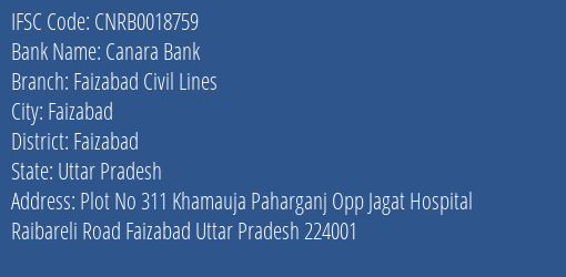 Canara Bank Faizabad Civil Lines Branch Faizabad IFSC Code CNRB0018759