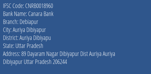 Canara Bank Debiapur Branch Auriya Dibiyapu IFSC Code CNRB0018960