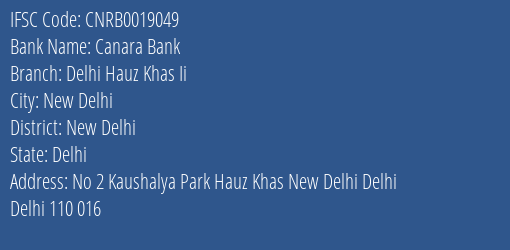 Canara Bank Delhi Hauz Khas Ii Branch IFSC Code
