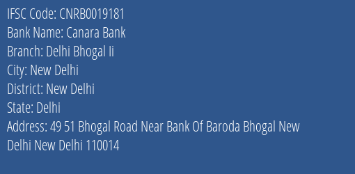 Canara Bank Delhi Bhogal Ii Branch New Delhi IFSC Code CNRB0019181
