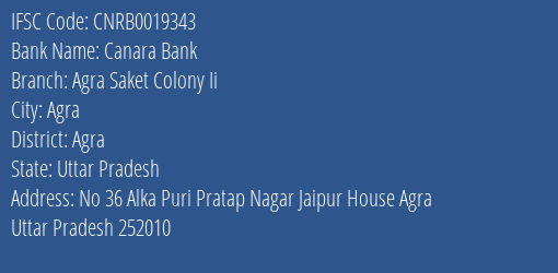 Canara Bank Agra Saket Colony Ii Branch Agra IFSC Code CNRB0019343